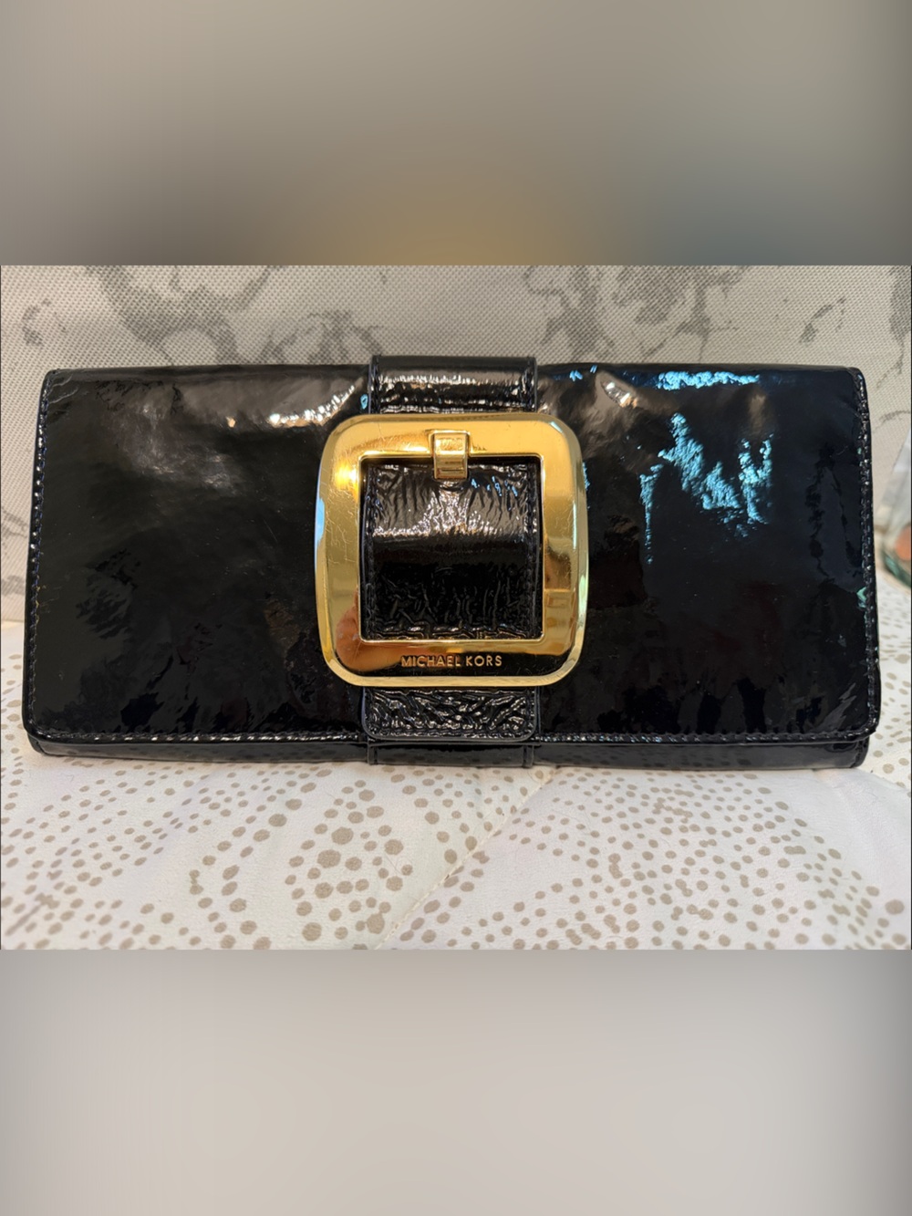 Michael Kors Black Patent Wallet with Gold Buckle Accent
